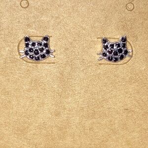 Black cat rhinestone stud earring new